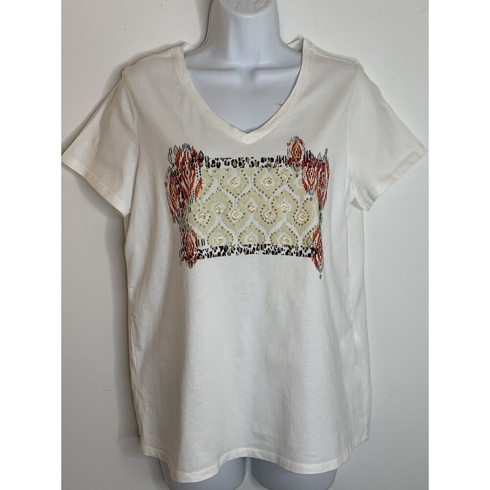 Chico's Art Print Short Sleeve sz 1 M Top Blouse (09